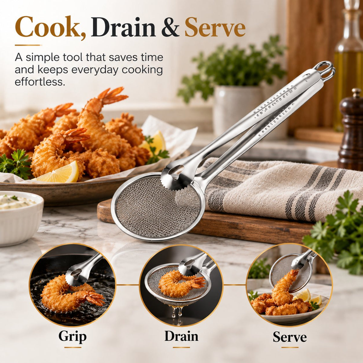 Pince filtrante 2 en 1 pour friture à l'huile, pince-passoire de cuisine pour aliments frits 🍳