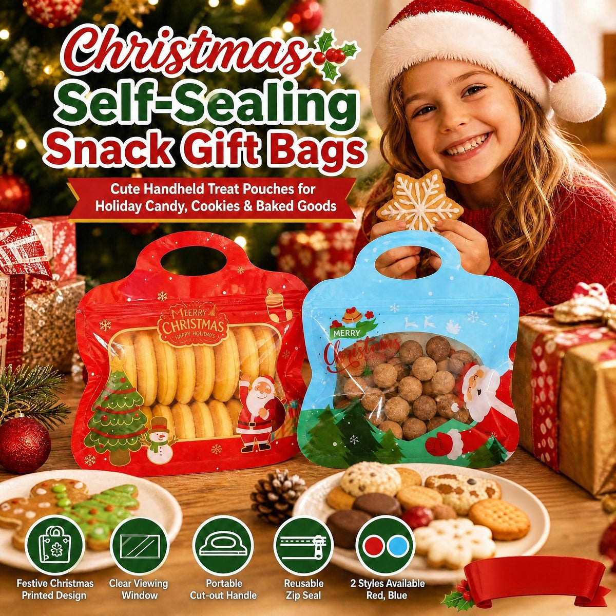 🎅DERNIER JOUR : -60 % !! 🎁 Remplissage et fermeture faciles 🎄 Sachets festifs auto-adhésifs pour friandises – Motifs Père Noël et bonhomme de neige | Refermables, adaptés au contact alimentaire et parfaits pour les biscuits, chocolats et petits cadeaux ⛄