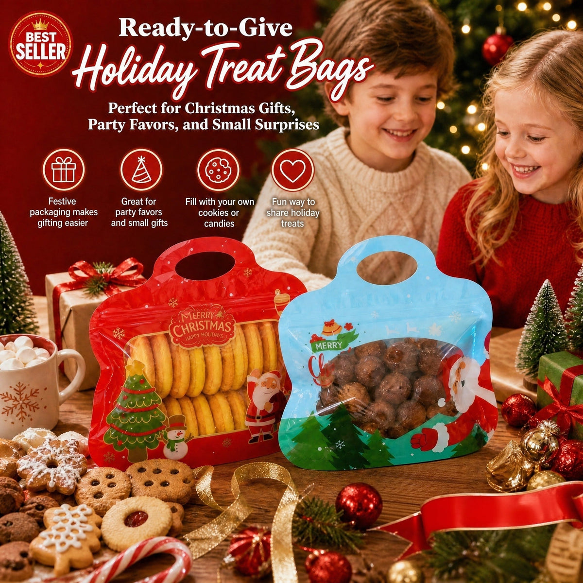 🎅DERNIER JOUR : -60 % !! 🎁 Remplissage et fermeture faciles 🎄 Sachets festifs auto-adhésifs pour friandises – Motifs Père Noël et bonhomme de neige | Refermables, adaptés au contact alimentaire et parfaits pour les biscuits, chocolats et petits cadeaux ⛄