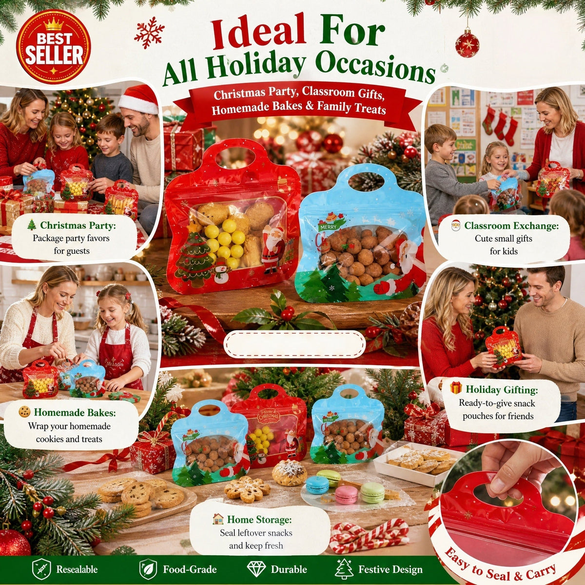 🎅DERNIER JOUR : -60 % !! 🎁 Remplissage et fermeture faciles 🎄 Sachets festifs auto-adhésifs pour friandises – Motifs Père Noël et bonhomme de neige | Refermables, adaptés au contact alimentaire et parfaits pour les biscuits, chocolats et petits cadeaux ⛄