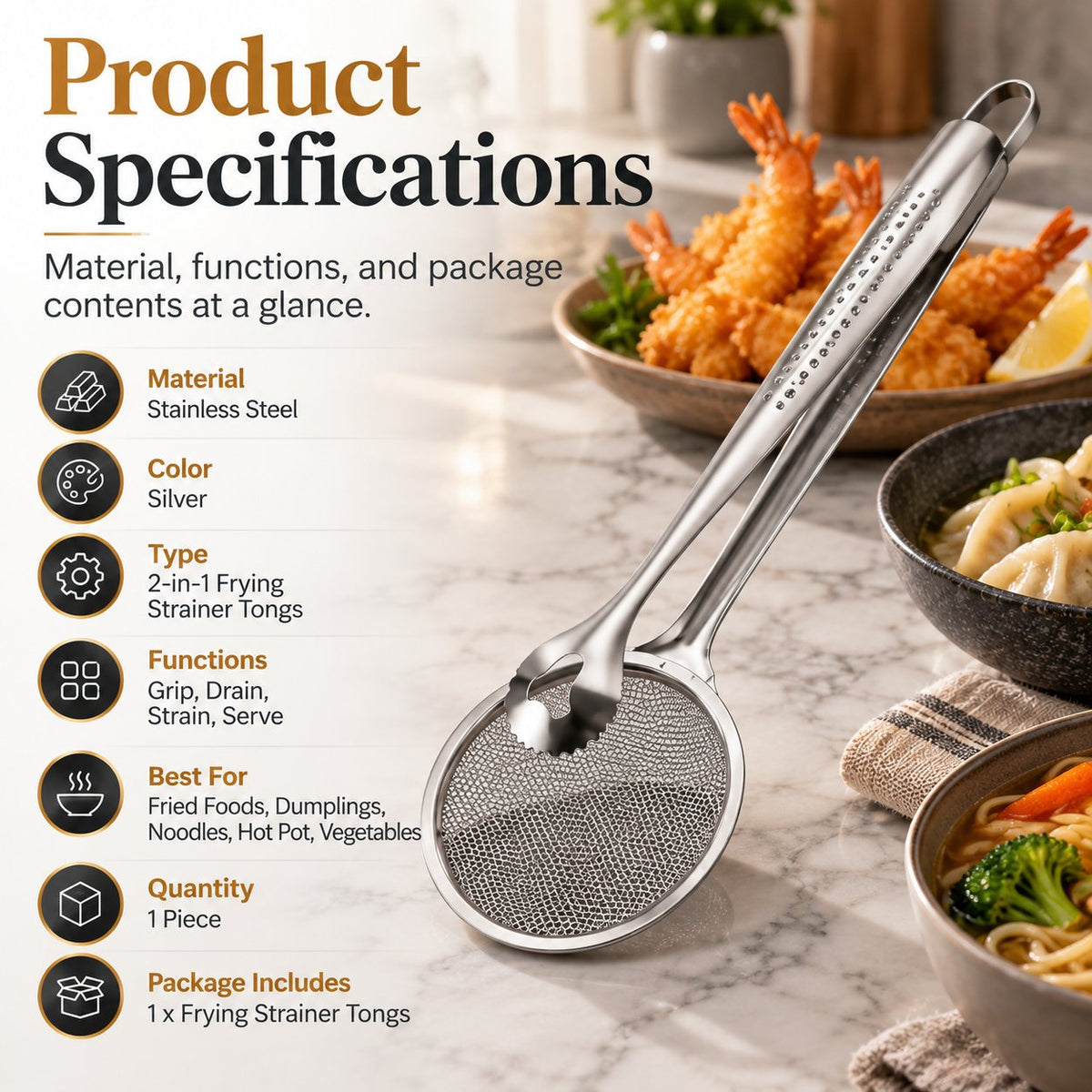 Pince filtrante 2 en 1 pour friture à l'huile, pince-passoire de cuisine pour aliments frits 🍳