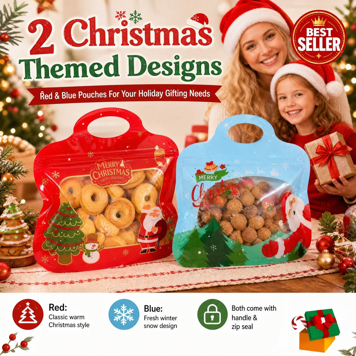 🎅DERNIER JOUR : -60 % !! 🎁 Remplissage et fermeture faciles 🎄 Sachets festifs auto-adhésifs pour friandises – Motifs Père Noël et bonhomme de neige | Refermables, adaptés au contact alimentaire et parfaits pour les biscuits, chocolats et petits cadeaux ⛄