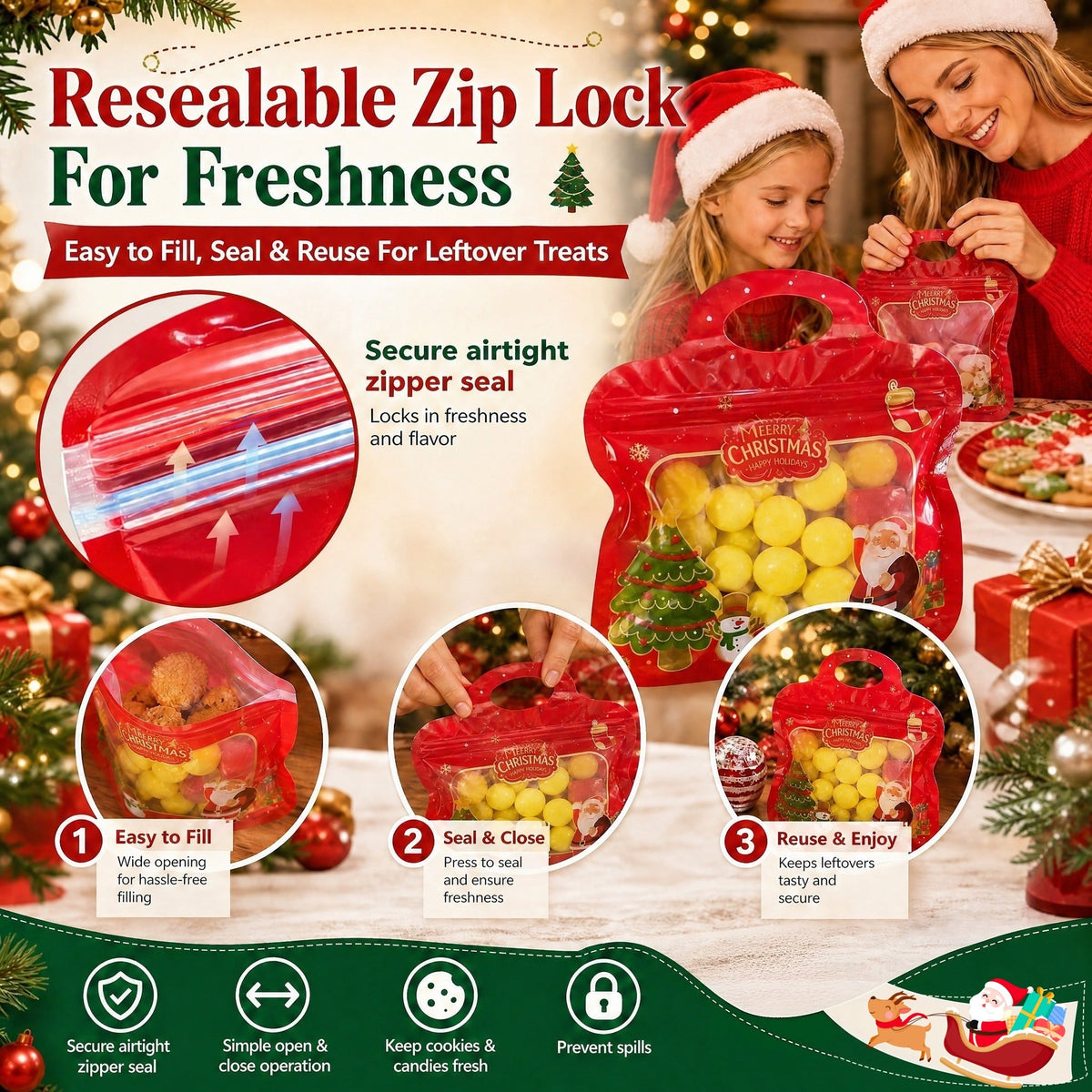 🎅DERNIER JOUR : -60 % !! 🎁 Remplissage et fermeture faciles 🎄 Sachets festifs auto-adhésifs pour friandises – Motifs Père Noël et bonhomme de neige | Refermables, adaptés au contact alimentaire et parfaits pour les biscuits, chocolats et petits cadeaux ⛄