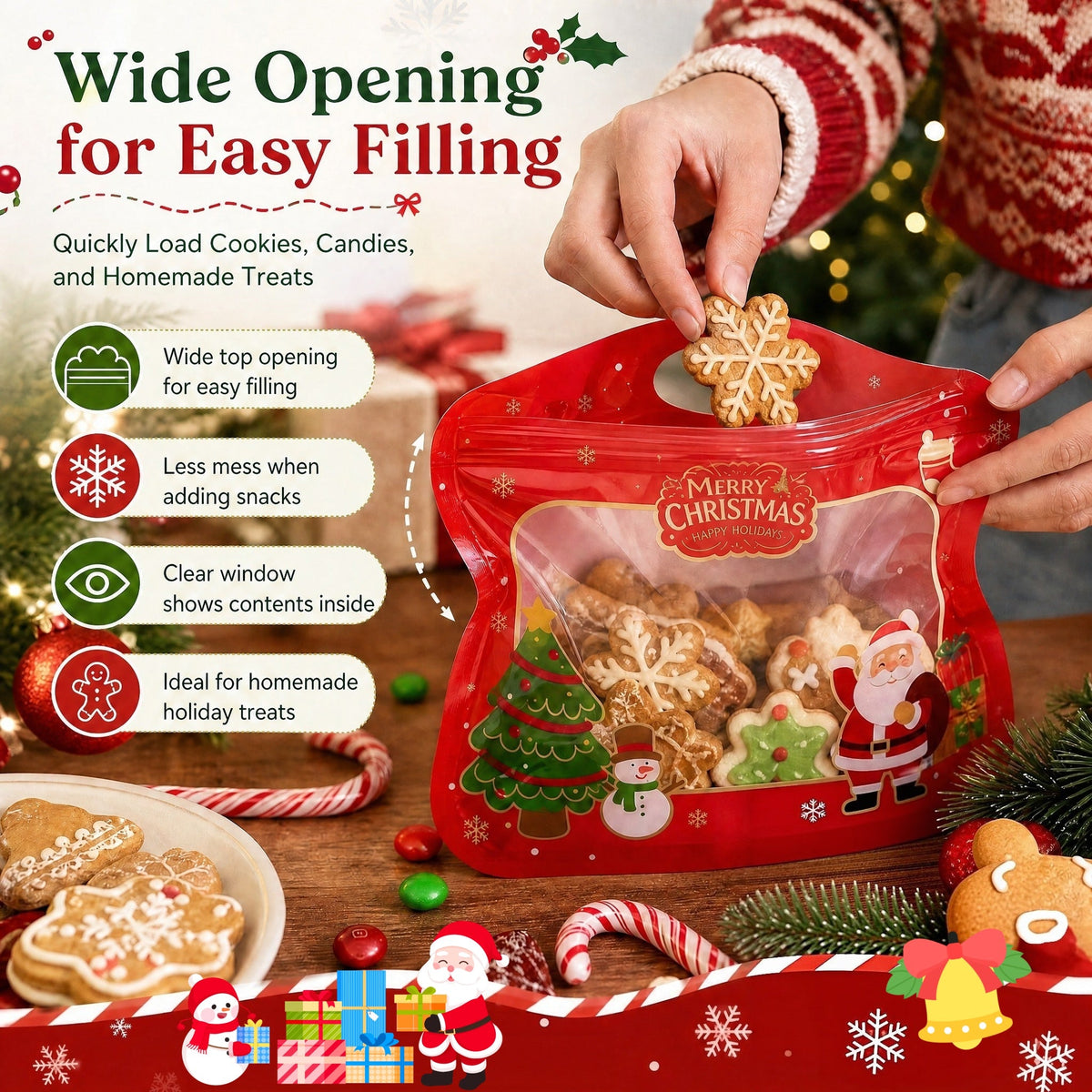 🎅DERNIER JOUR : -60 % !! 🎁 Remplissage et fermeture faciles 🎄 Sachets festifs auto-adhésifs pour friandises – Motifs Père Noël et bonhomme de neige | Refermables, adaptés au contact alimentaire et parfaits pour les biscuits, chocolats et petits cadeaux ⛄