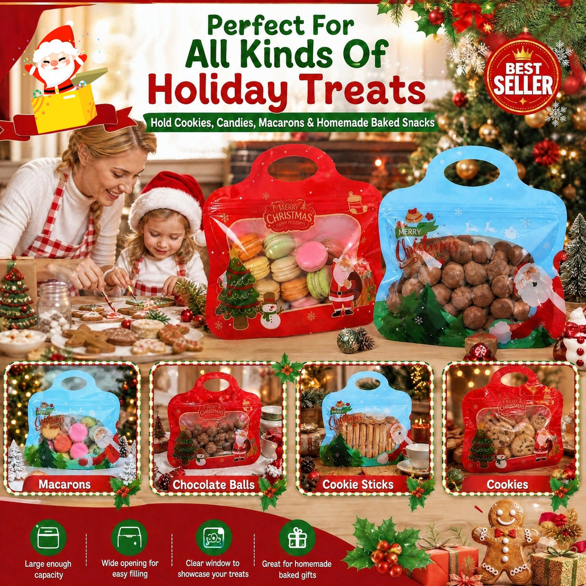 🎅DERNIER JOUR : -60 % !! 🎁 Remplissage et fermeture faciles 🎄 Sachets festifs auto-adhésifs pour friandises – Motifs Père Noël et bonhomme de neige | Refermables, adaptés au contact alimentaire et parfaits pour les biscuits, chocolats et petits cadeaux ⛄