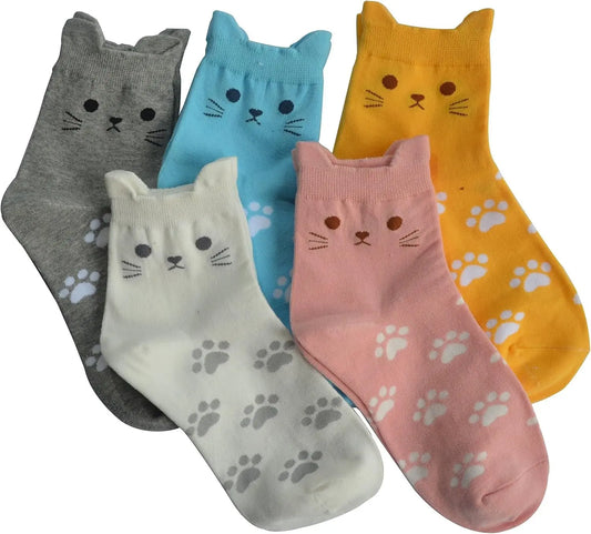 Lot de 5 paires de chaussettes pour femme aux motifs d'animaux mignons, en coton doux, légères et confortables