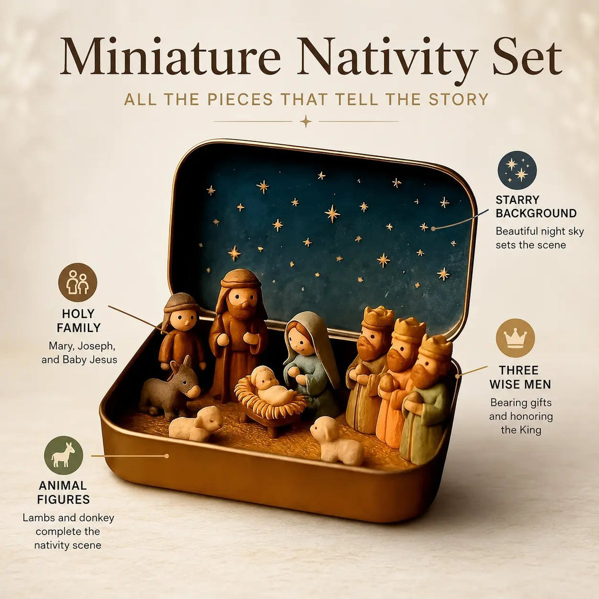 ✝️ Mini-boîte souvenir « Nativité » — Ensemble de poche de la Sainte Famille pour Noël