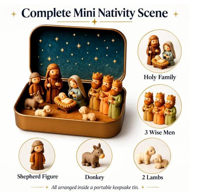 ✝️ Mini-boîte souvenir « Nativité » — Ensemble de poche de la Sainte Famille pour Noël