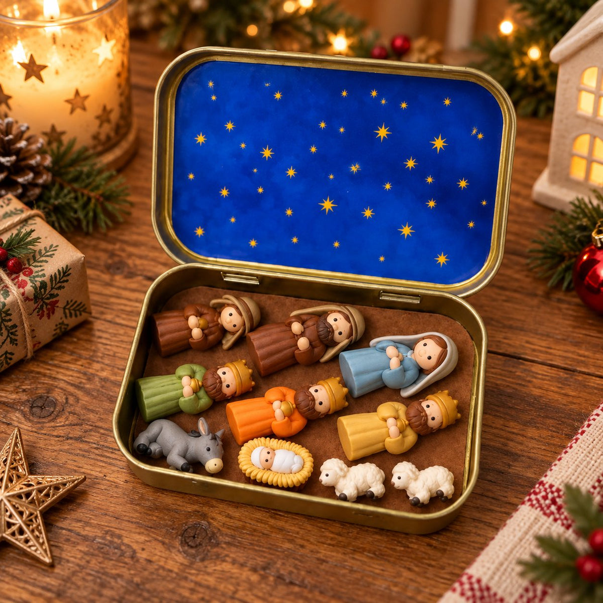 ✝️ Mini-boîte souvenir « Nativité » — Ensemble de poche de la Sainte Famille pour Noël